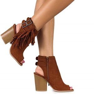 Suede Peep Toe Fringe Booties